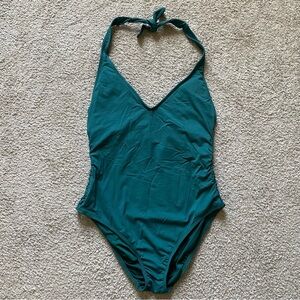 Loft ~ Hunter Green One Piece Halter Swim Suit ~ Lattice Detail ~ Size 14